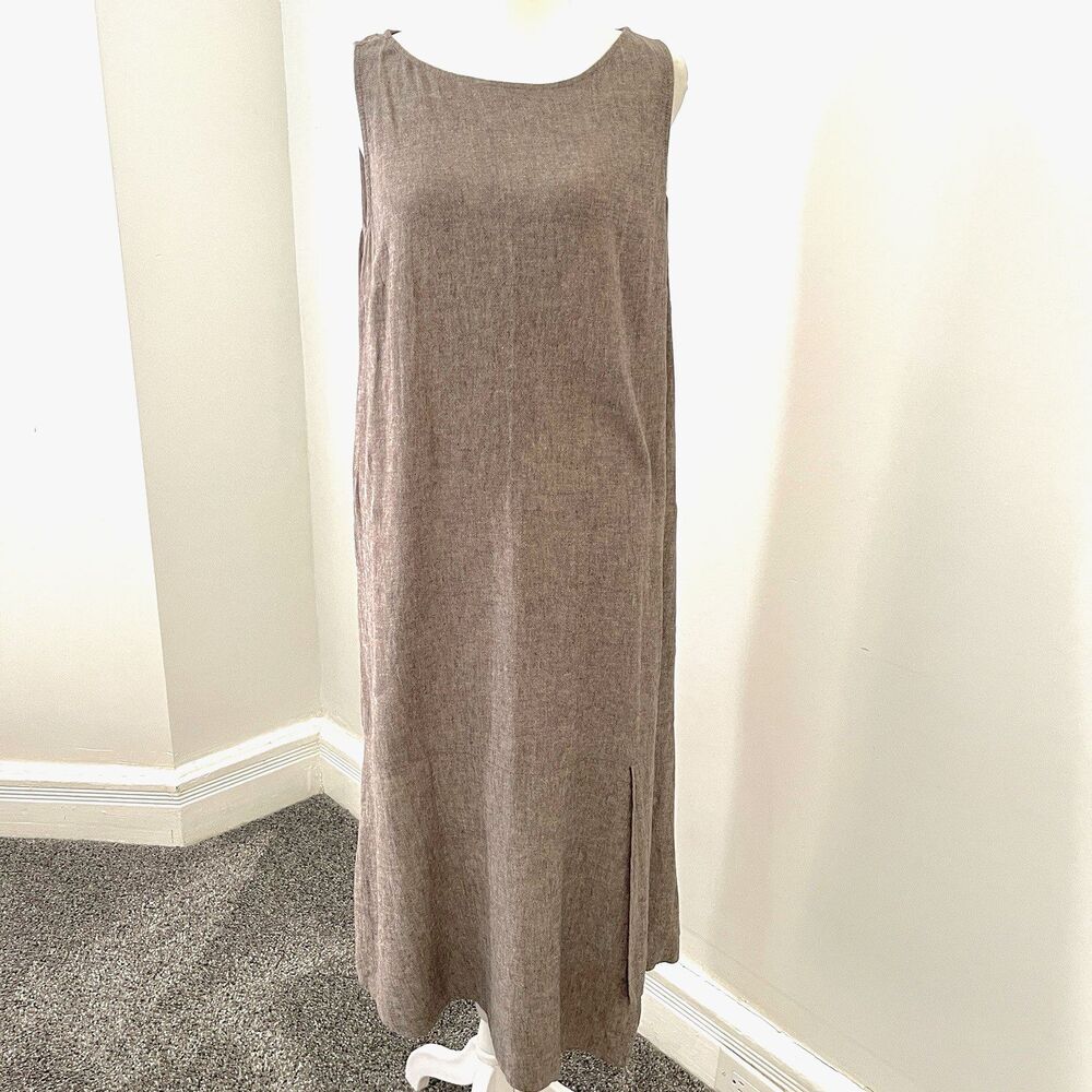 J Jill Pure Jill Linen Blend Midi Dress Womens Medium Brown Vented Hem Pockets